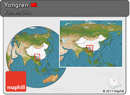 Satellite Location Map of Yongren, highlighted country, highlighted parent region, within the entire country