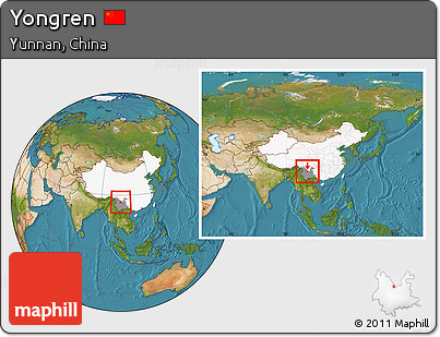 Satellite Location Map of Yongren, highlighted country, highlighted parent region, within the entire country