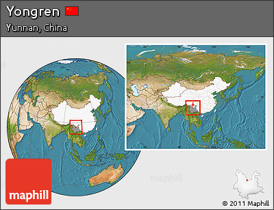Satellite Location Map of Yongren, highlighted country, highlighted parent region, within the entire country