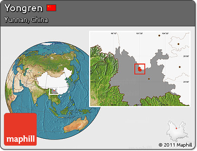 Satellite Location Map of Yongren, highlighted country, highlighted parent region