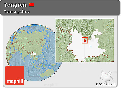 Savanna Style Location Map of Yongren, highlighted parent region, hill shading