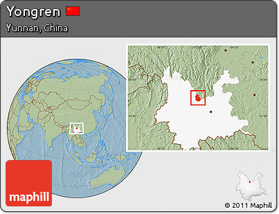 Savanna Style Location Map of Yongren, highlighted parent region, hill shading