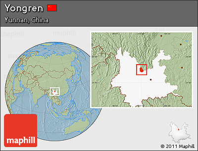 Savanna Style Location Map of Yongren, highlighted parent region, hill shading
