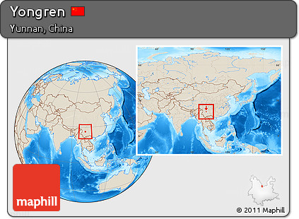 Shaded Relief Location Map of Yongren, within the entire country