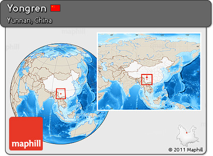 Shaded Relief Location Map of Yongren, highlighted country, within the entire country