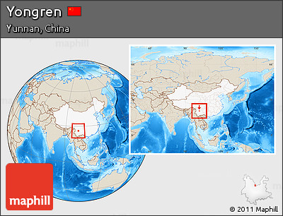 Shaded Relief Location Map of Yongren, highlighted country, within the entire country