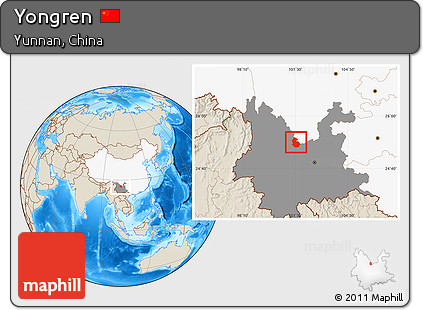 Shaded Relief Location Map of Yongren, highlighted country, highlighted parent region