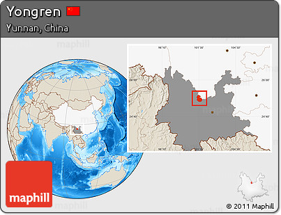Shaded Relief Location Map of Yongren, highlighted country, highlighted parent region