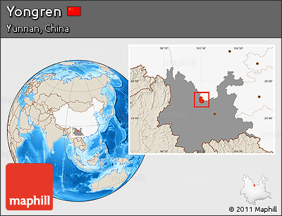 Shaded Relief Location Map of Yongren, highlighted country, highlighted parent region