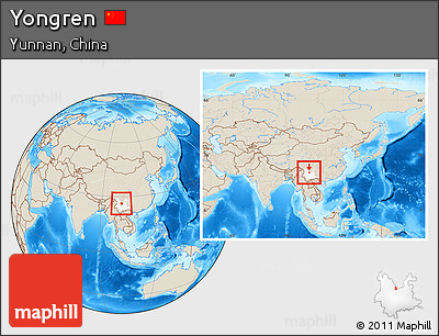 Shaded Relief Location Map of Yongren, highlighted parent region, within the entire country