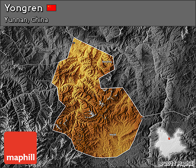 Physical Map of Yongren, darken, desaturated