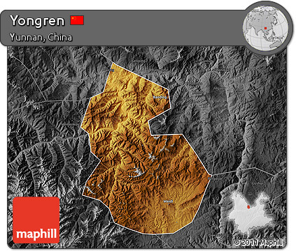 Physical Map of Yongren, darken, desaturated