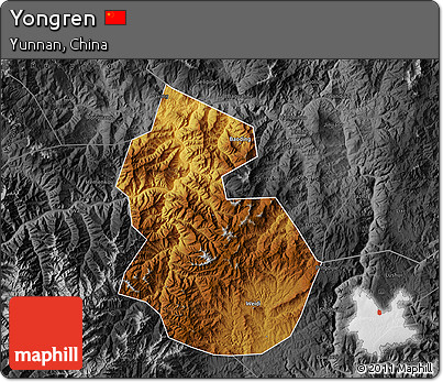 Physical Map of Yongren, darken, desaturated