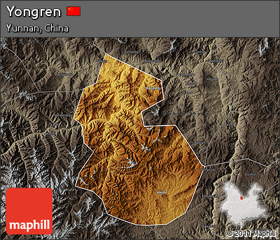 Physical Map of Yongren, darken, semi-desaturated