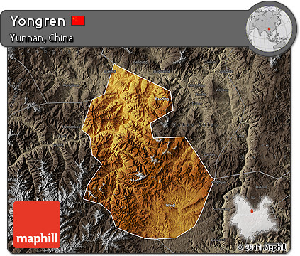 Physical Map of Yongren, darken, semi-desaturated
