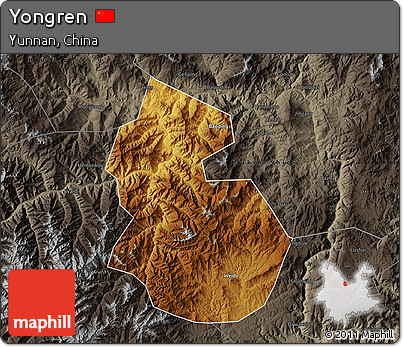 Physical Map of Yongren, darken, semi-desaturated