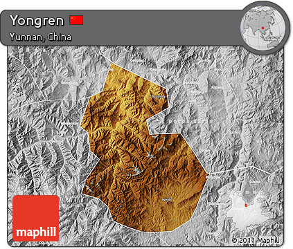 Physical Map of Yongren, lighten, desaturated