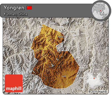 Physical Map of Yongren, lighten, semi-desaturated