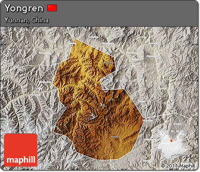 Physical Map of Yongren, lighten, semi-desaturated