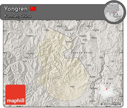 Shaded Relief Map of Yongren, semi-desaturated