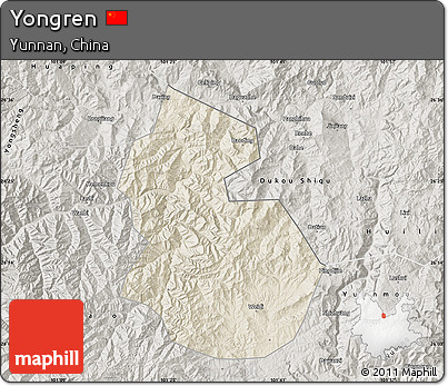 Shaded Relief Map of Yongren, semi-desaturated