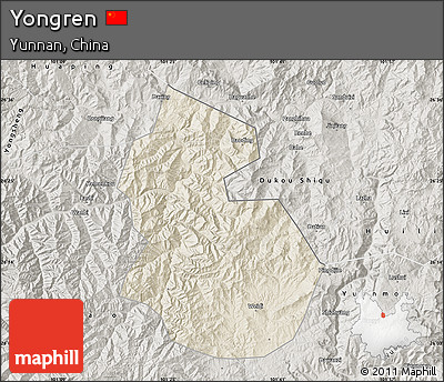 Shaded Relief Map of Yongren, semi-desaturated