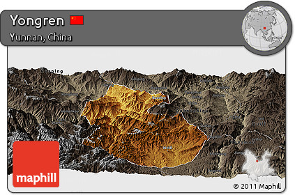 Physical Panoramic Map of Yongren, darken, semi-desaturated