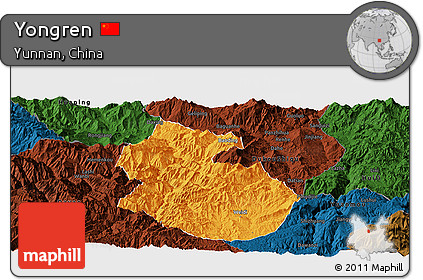 Political Panoramic Map of Yongren, darken