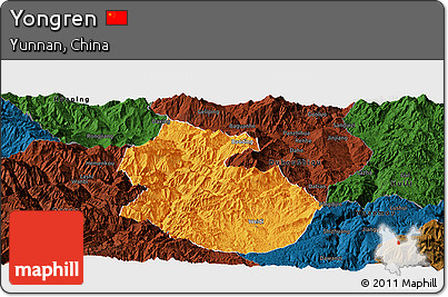 Political Panoramic Map of Yongren, darken