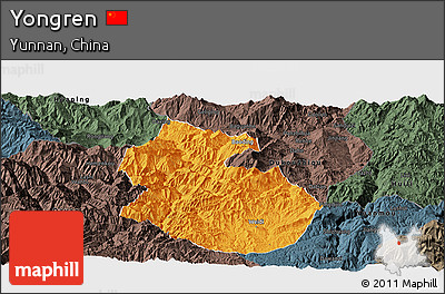 Political Panoramic Map of Yongren, darken, semi-desaturated