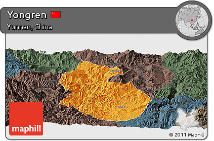 Political Panoramic Map of Yongren, darken, semi-desaturated