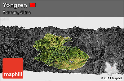 Satellite Panoramic Map of Yongren, darken, desaturated