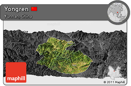 Satellite Panoramic Map of Yongren, darken, desaturated