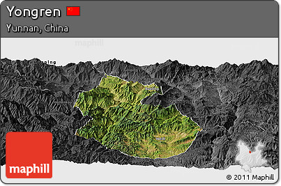 Satellite Panoramic Map of Yongren, darken, desaturated