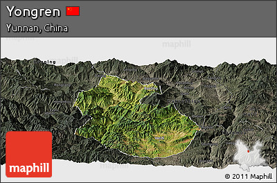 Satellite Panoramic Map of Yongren, darken, semi-desaturated