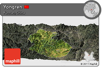 Satellite Panoramic Map of Yongren, darken, semi-desaturated