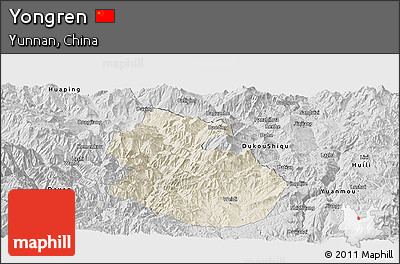 Shaded Relief Panoramic Map of Yongren, desaturated