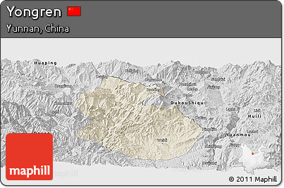 Shaded Relief Panoramic Map of Yongren, desaturated