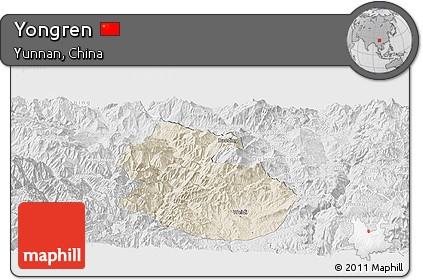 Shaded Relief Panoramic Map of Yongren, lighten, desaturated