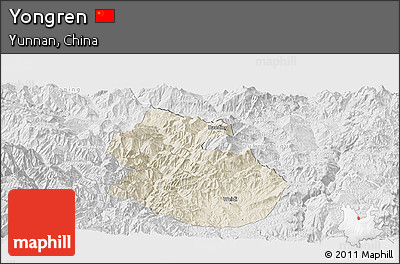 Shaded Relief Panoramic Map of Yongren, lighten, desaturated