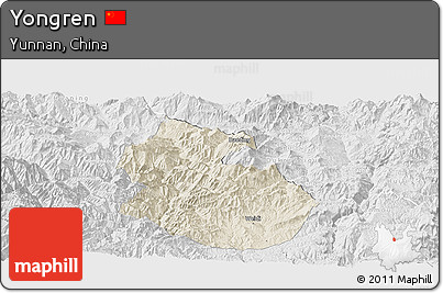 Shaded Relief Panoramic Map of Yongren, lighten, desaturated