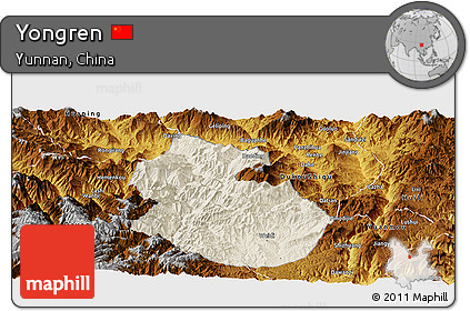 Shaded Relief Panoramic Map of Yongren, physical outside