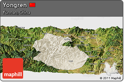 Shaded Relief Panoramic Map of Yongren, satellite outside