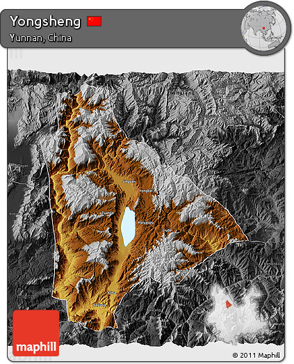 Physical 3D Map of Yongsheng, darken, desaturated