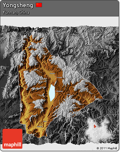 Physical 3D Map of Yongsheng, darken, desaturated