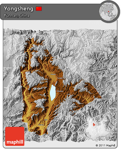 Physical 3D Map of Yongsheng, lighten, desaturated