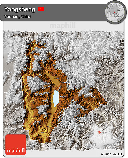 Physical 3D Map of Yongsheng, lighten, semi-desaturated