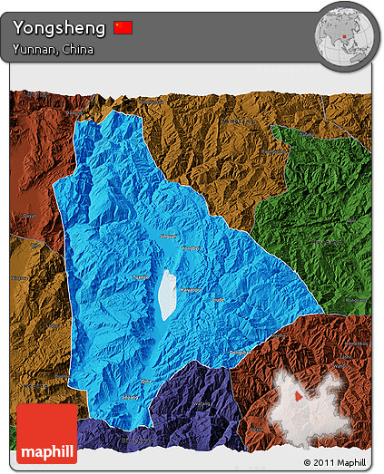 Political 3D Map of Yongsheng, darken