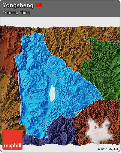 Political 3D Map of Yongsheng, darken