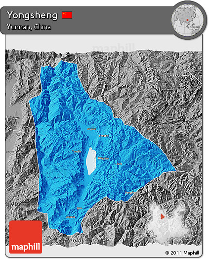 Political 3D Map of Yongsheng, desaturated